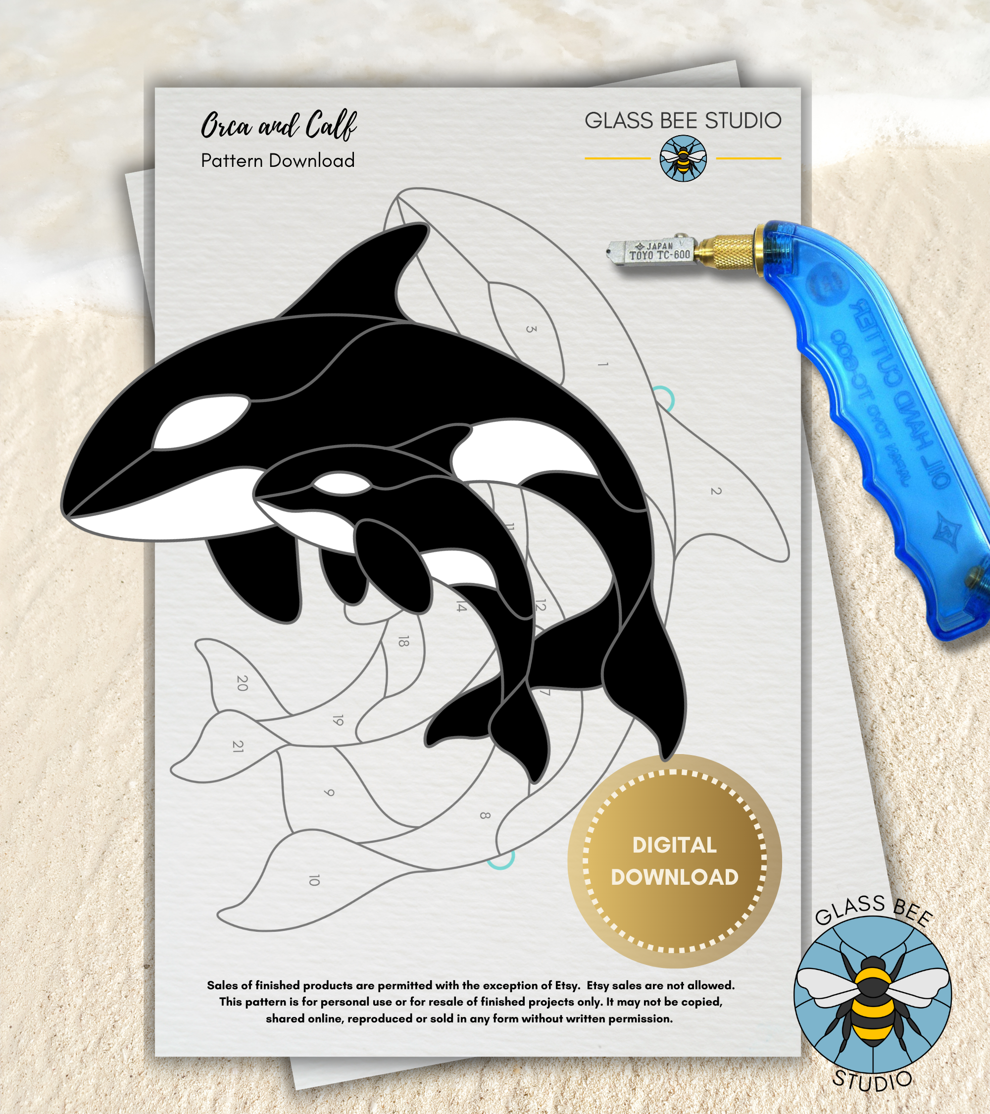 Orca Mother and Calf Killer Whale Stained Glass Pattern