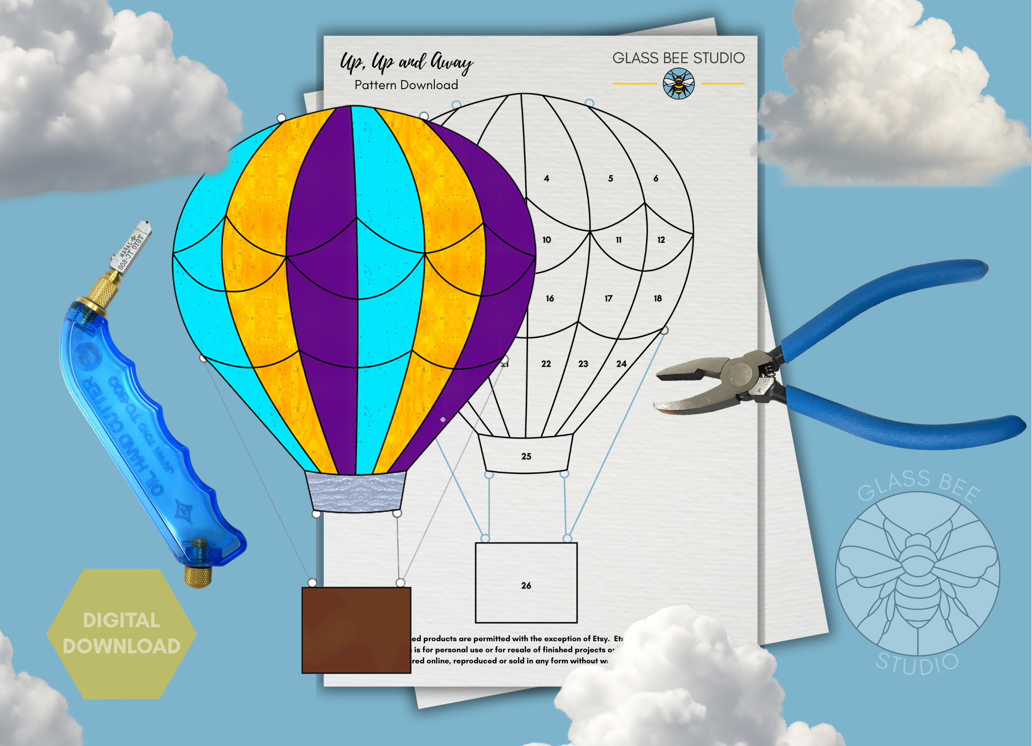 Up, Up & Away Hot Air Balloon Digital Stained Glass Pattern - Free