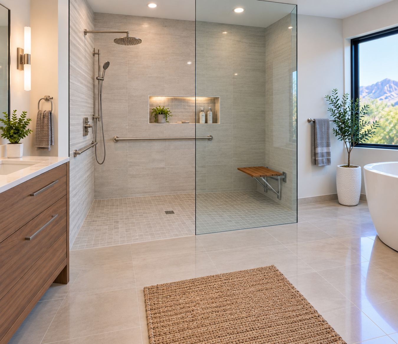 Modern bathroom with a large walk-in shower, wooden bench, potted plants, and a large window with mountain views.