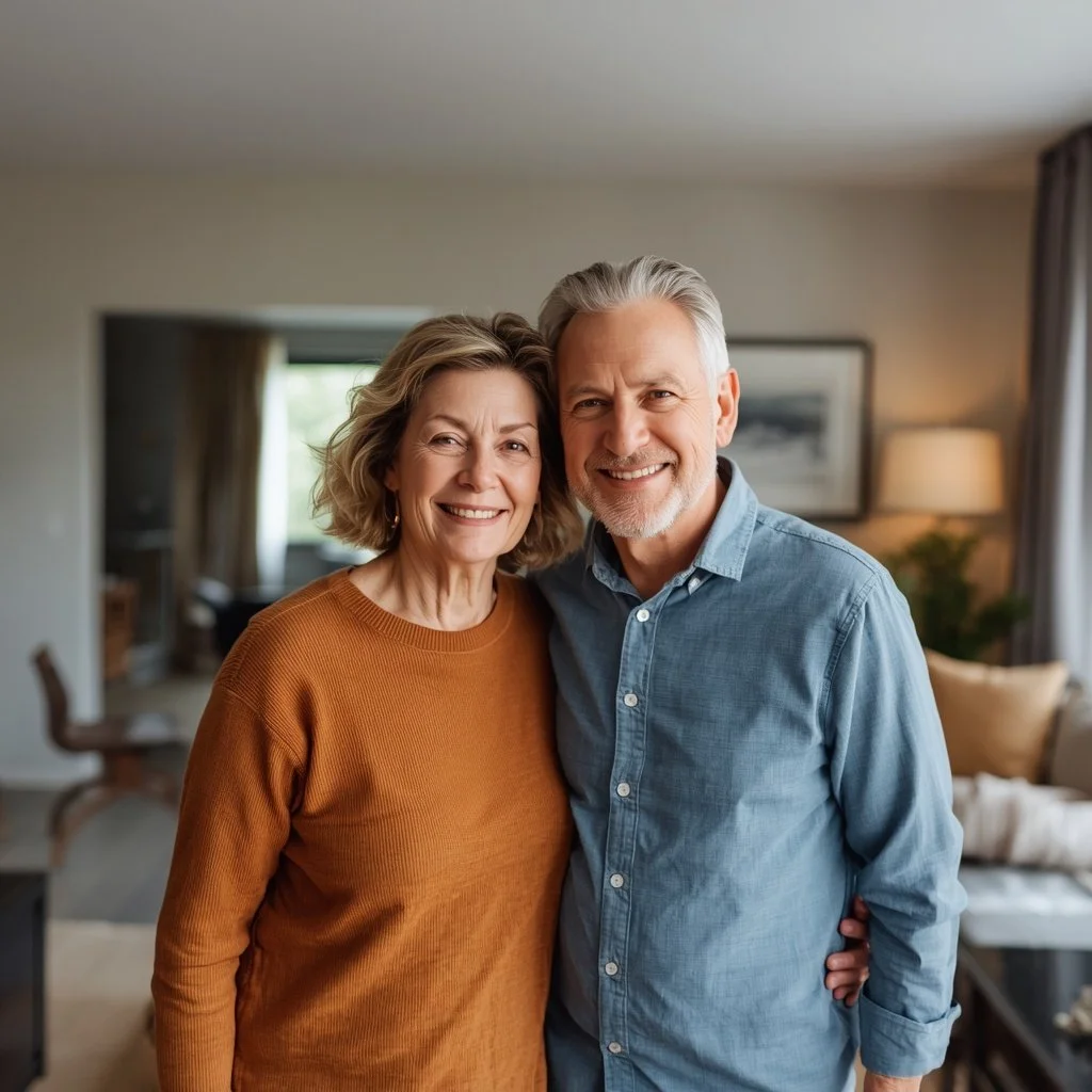 Smiling mature couple standing close together in a cozy living room with neutral decor, a framed picture on the wall, and a table lamp in the background.