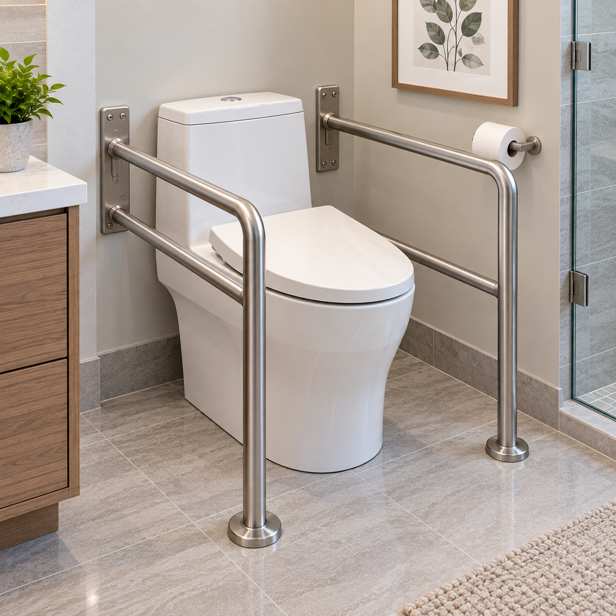 Toilet with grab bars in a bathroom with a wooden vanity, a framed leaf print on the wall, and a shower with a glass door.