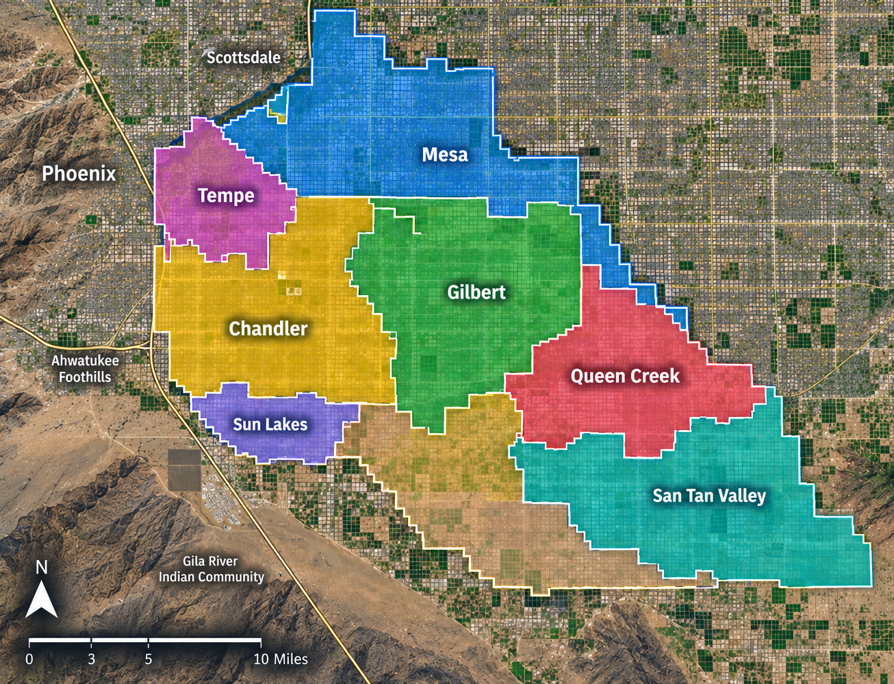 Map of Phoenix, Arizona, divided into color-coded districts with labels: Tempe, Mesa, Gilbert, Queen Creek, San Tan Valley, Chandler, Sun Lakes. Nearby geographic features and roads are visible.