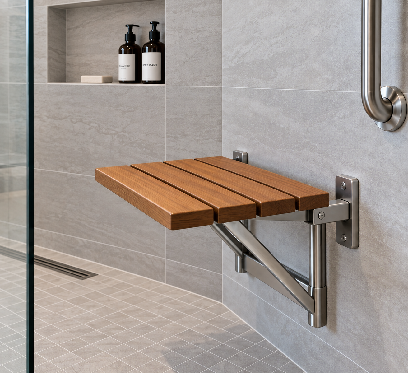 A foldable shower bench with a wooden seat and stainless steel supports mounted on a tiled bathroom wall.