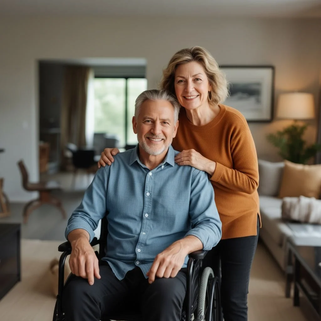 A smiling elderly woman with gray, wavy hair poses with an elderly man in a wheelchair, who is also smiling. They are in a cozy living room with a blurred background of a window, curtains, and furniture.