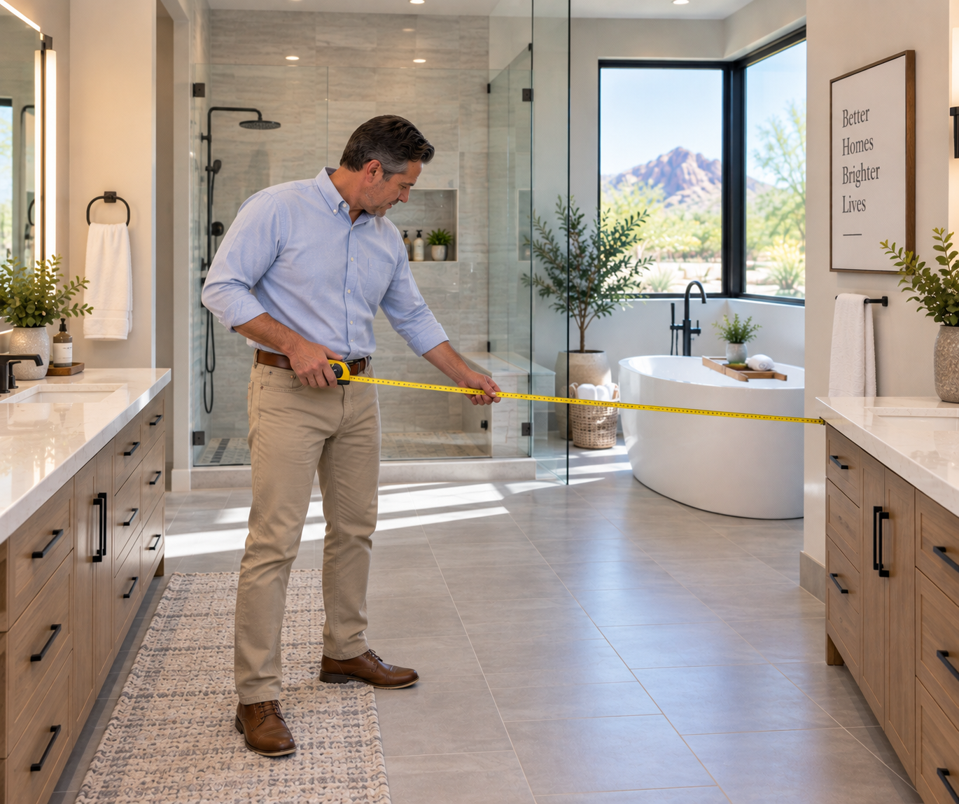 A man measuring the length of a bathroom with a tape measure.