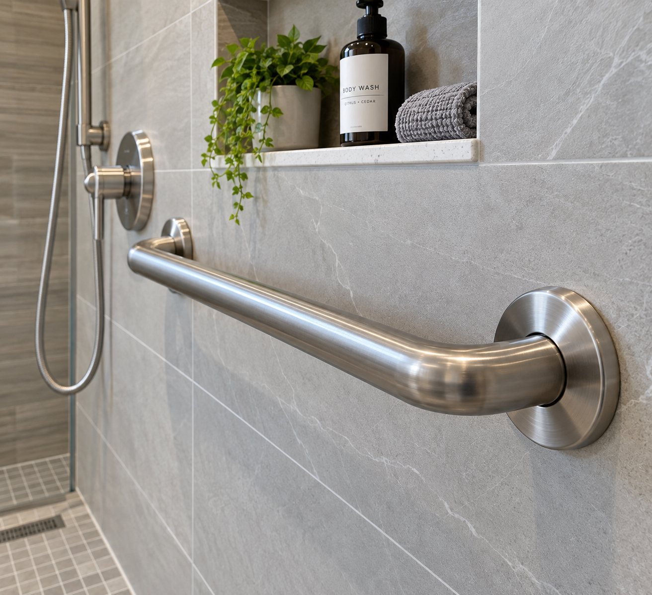 Close-up of a shower wall with a horizontal stainless steel grab bar, a white shelf with a plant, a bottle of body wash, and a rolled gray towel.