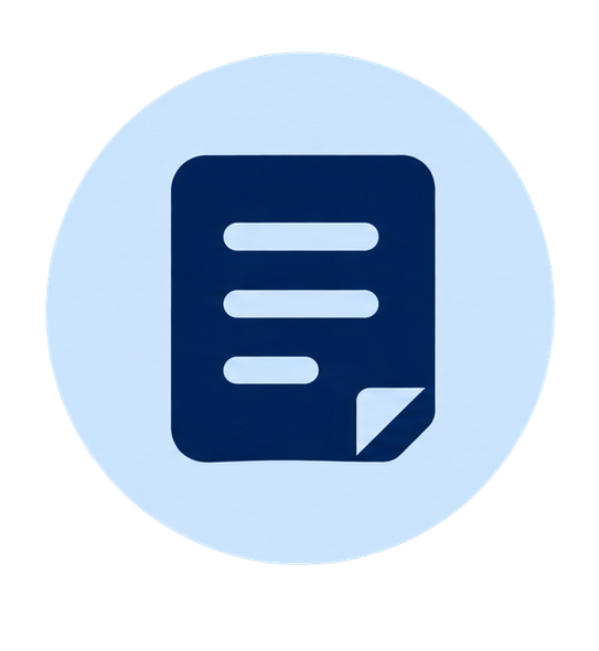 Icon of a document or report with a folded corner, in dark blue on a light blue circular background.
