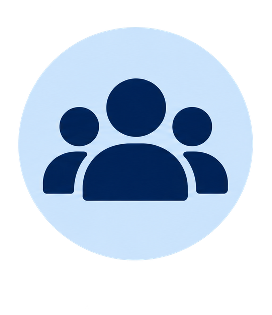 Icon of four dark blue human silhouettes on a light blue circular background, representing a group of people.
