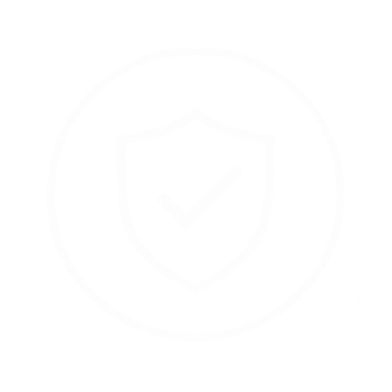 A black and white image of a badge with a shield and checkmark symbol inside, representing security or protection.