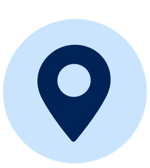 Map location pin icon with a dark blue marker inside a light blue circle.