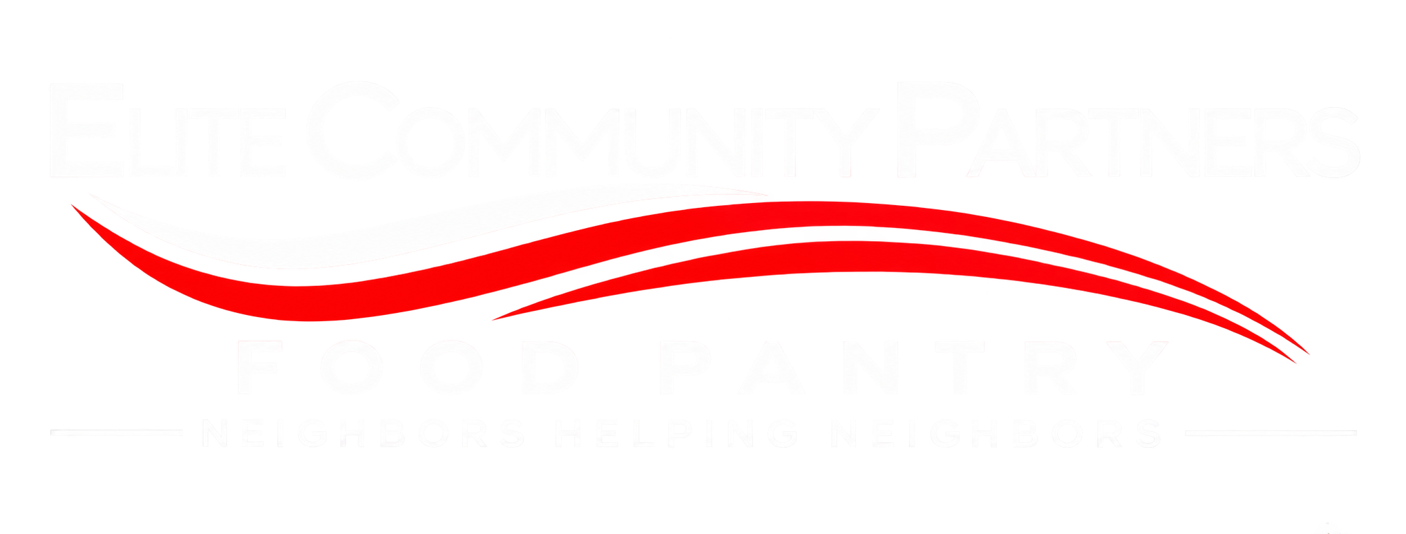 Logo for Elite Community Partners Food Pantry featuring a red swoosh and the text "Elite Community Partners Food Pantry neighbors helping neighbors"