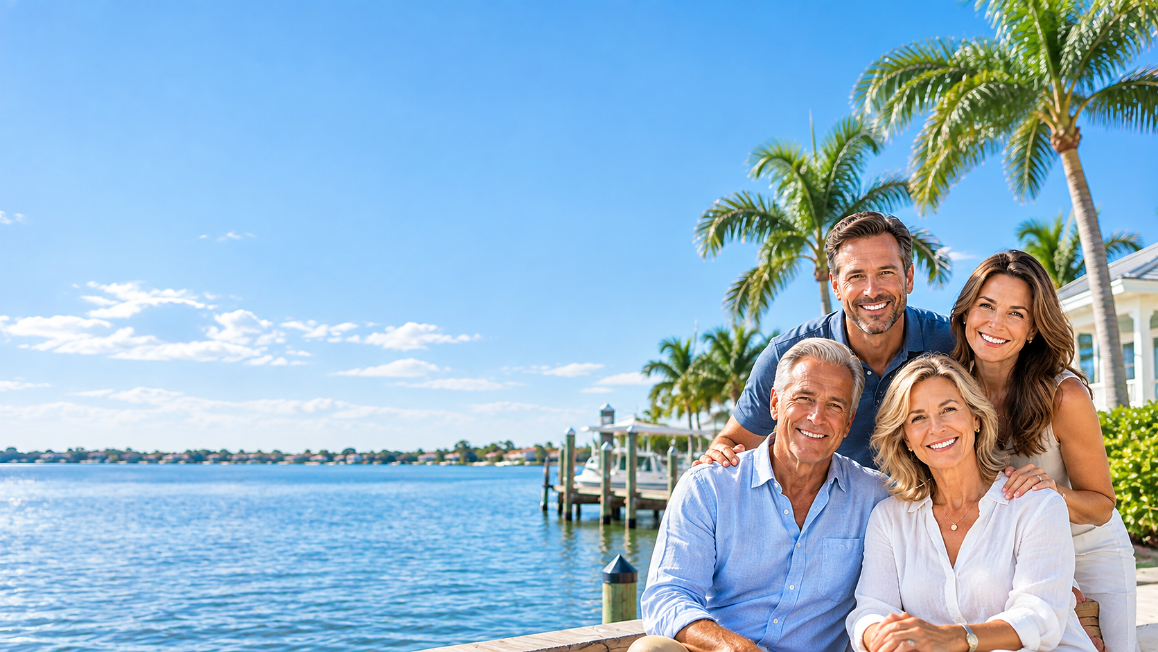 A smiling family of five enjoying a sunny day by the water with palm trees and a dock in the background.
