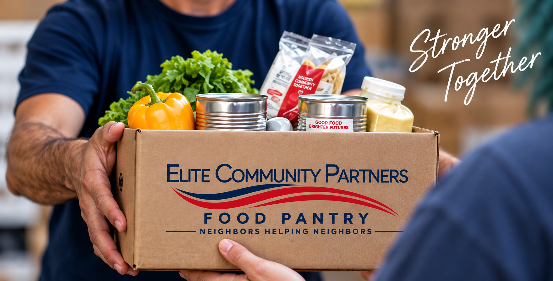 Person handing a cardboard box of food to another person, the box labeled "Elite Community Partners Food Pantry" with slogan "Neighbors Helping Neighbors." The box contains fresh vegetables, canned goods, and a jar of mustard, with a blurred background.