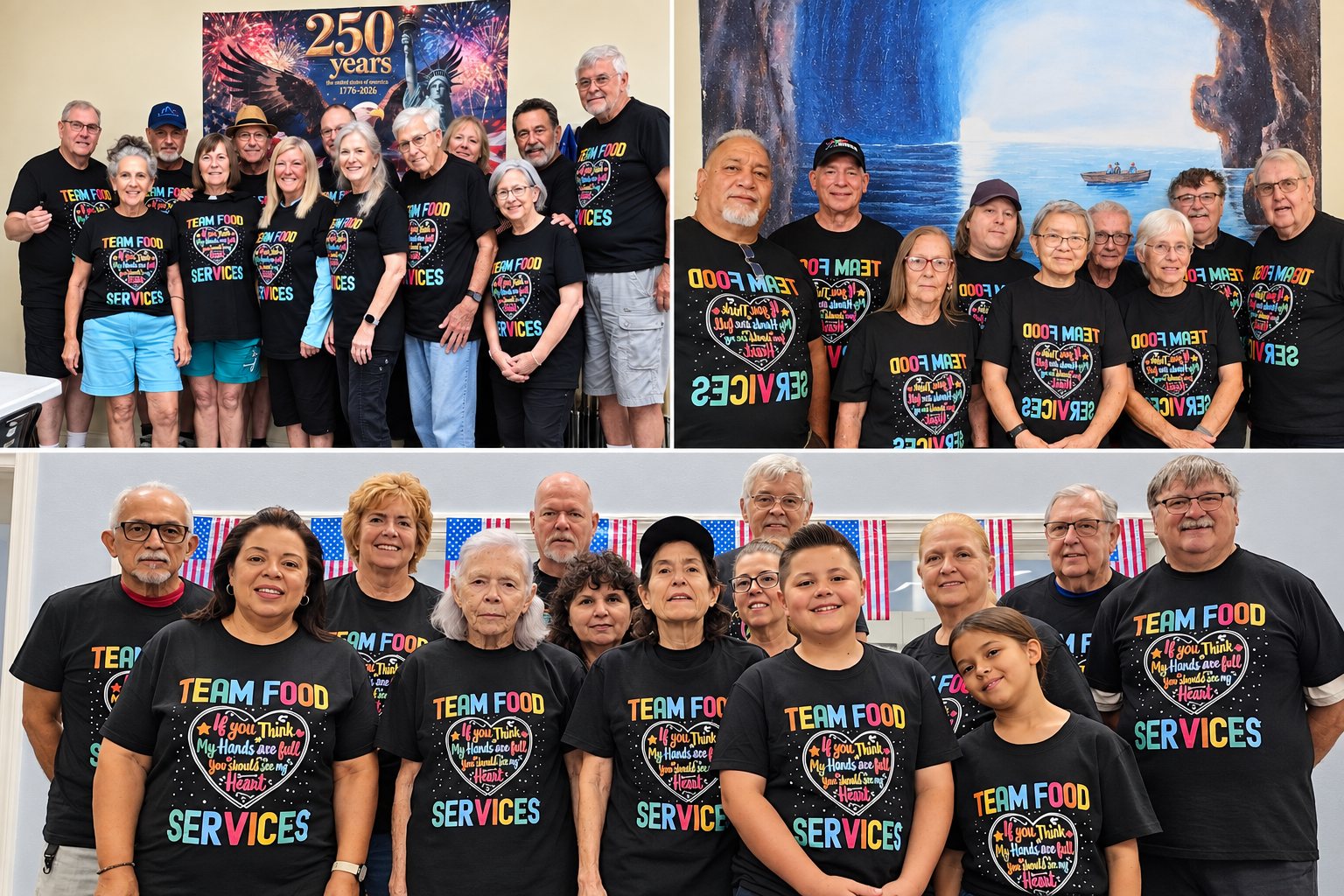 A group of people of various ages wearing matching black t-shirts with colorful text and a heart graphic that says, 'If you think my hands are full, you should see my heart,' at an indoor celebration event. The background includes a banner celebrating 250 years, fireworks, and patriotic decorations.