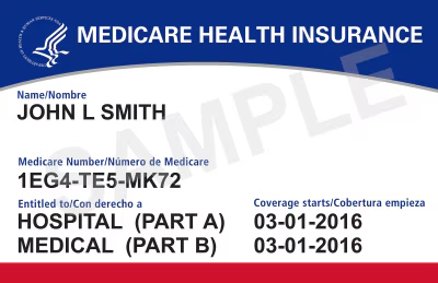 Medicare health insurance card for John L. Smith, with coverage start date of January 3, 2016, and hospital and medical coverage details.
