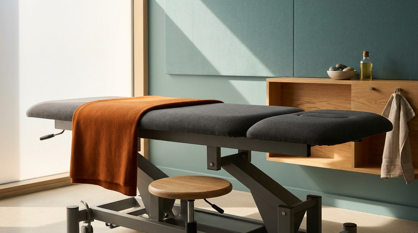 Massage table in a therapy room with a folded orange towel on it, a wooden stool underneath, and a modern wooden shelf with decorative items on the blue wall behind.