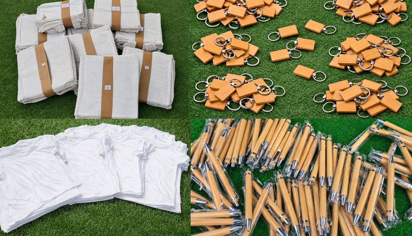 Conjunto de productos promocionales, incluyendo paños de tela blancos, llaveros de madera, camisetas blancas y bolígrafos de madera sobre pasto artificial.