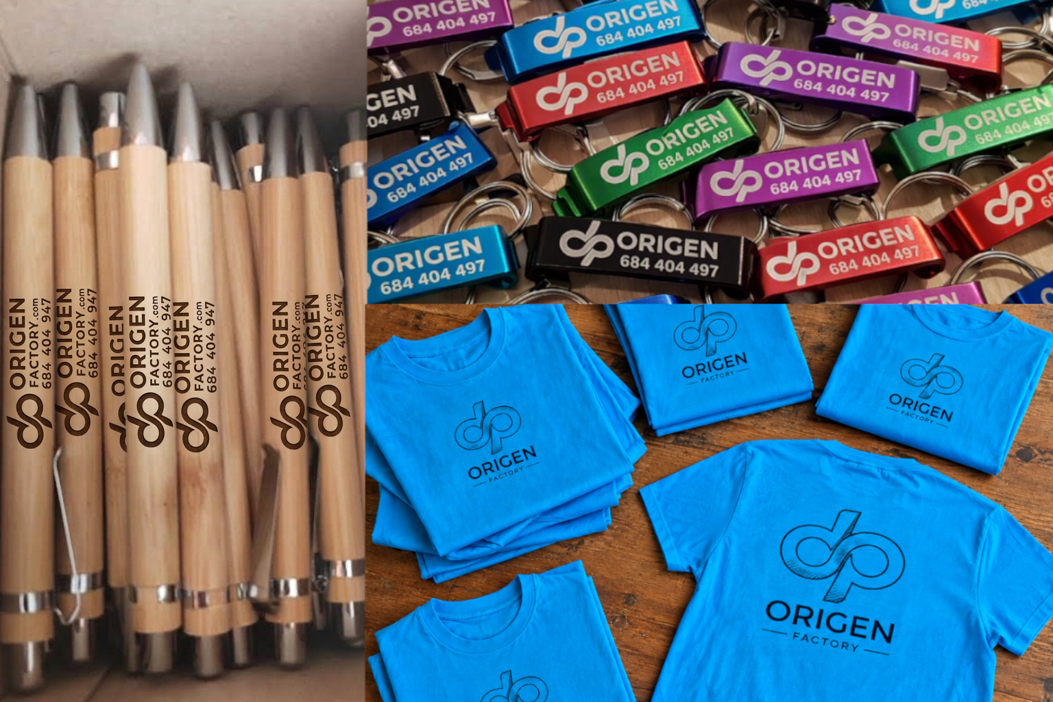 Variedad de artículos promocionales de la marca Origen, incluyendo bolígrafos de madera con detalles metálicos, llaveros de diferentes colores con el logo y contacto, y camisetas azules con el logo de la marca impresas.