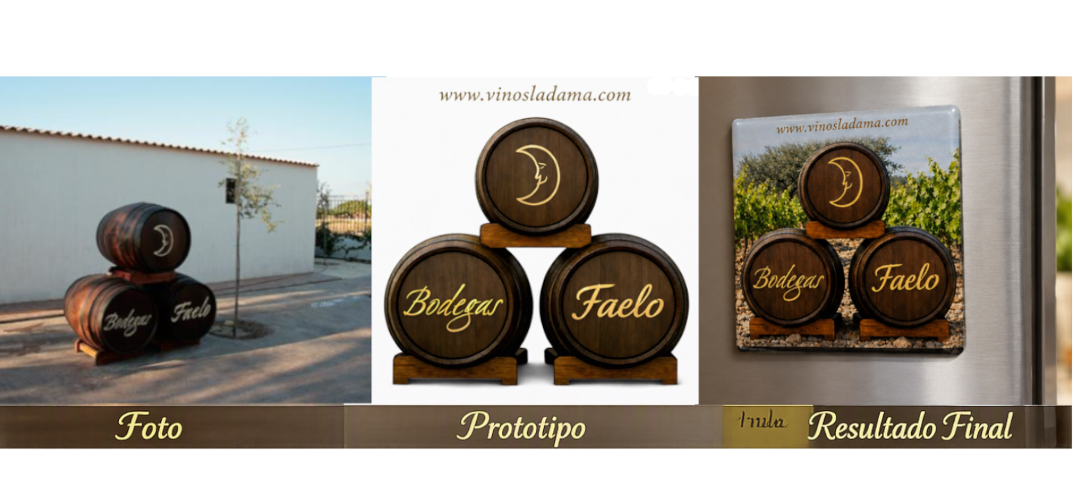 Imagen dividida en tres secciones: en la izquierda, una foto de tambores de vino en una calle; en el centro, un prototipo de decoraciones de madera en forma de tambores con la palabra 'Bodegas' y 'Faelo'; a la derecha, una placa con un diseño similar, colocada en una nevera, con fondo de viñedos.