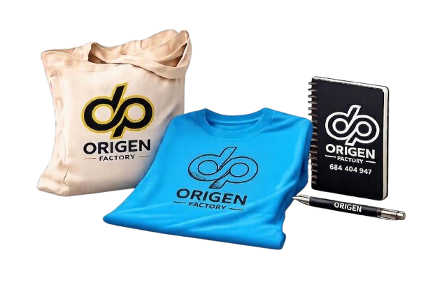 Paquete, camiseta, libreta y bolígrafo con logotipo de Origen Factory.