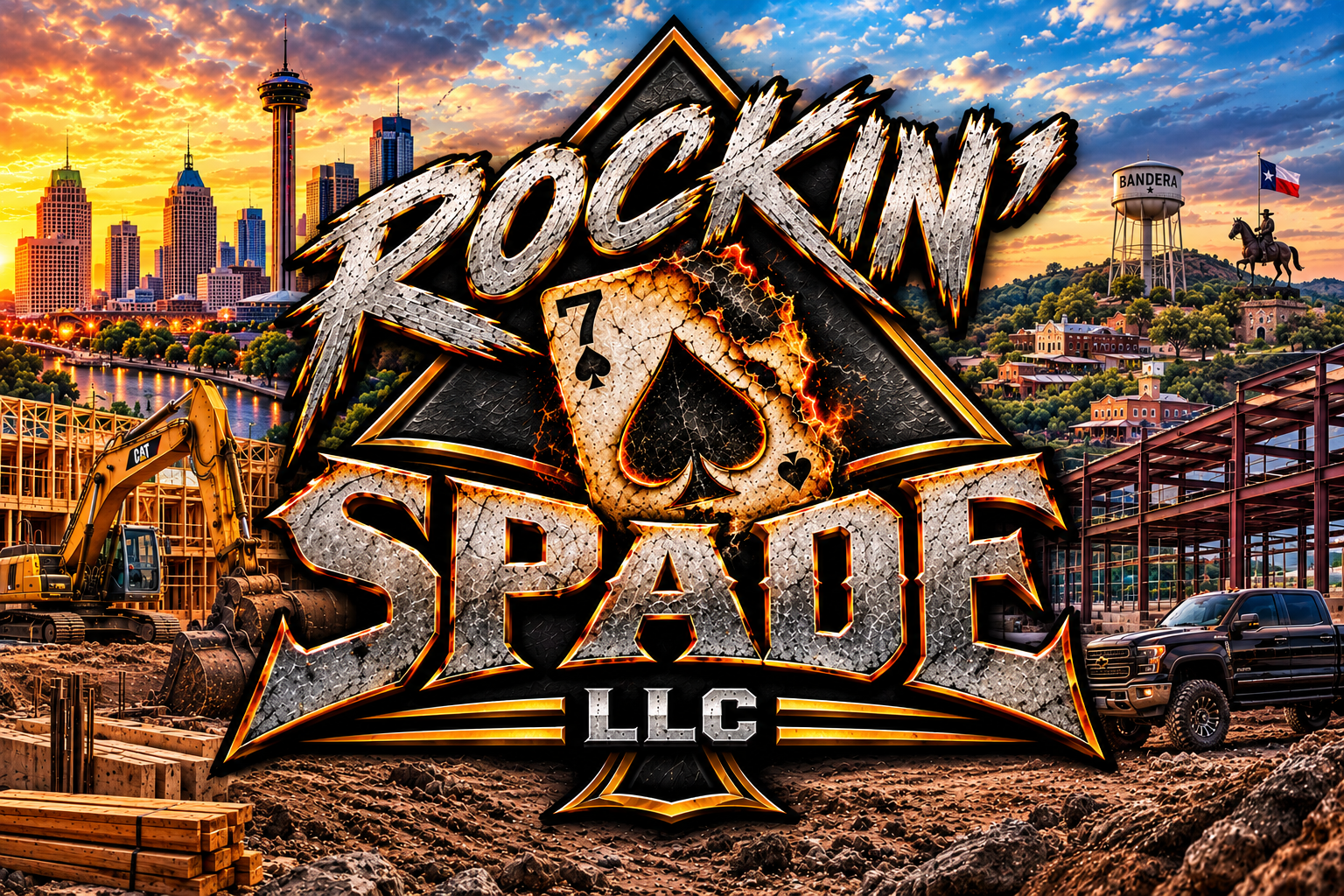 A city skyline at sunset with skyscrapers, a river, and a construction site with machinery. A large, metallic logo with the text 'Rockin' Spade LLC' overlays the scene, featuring a spade symbol with a cracked and fiery design.