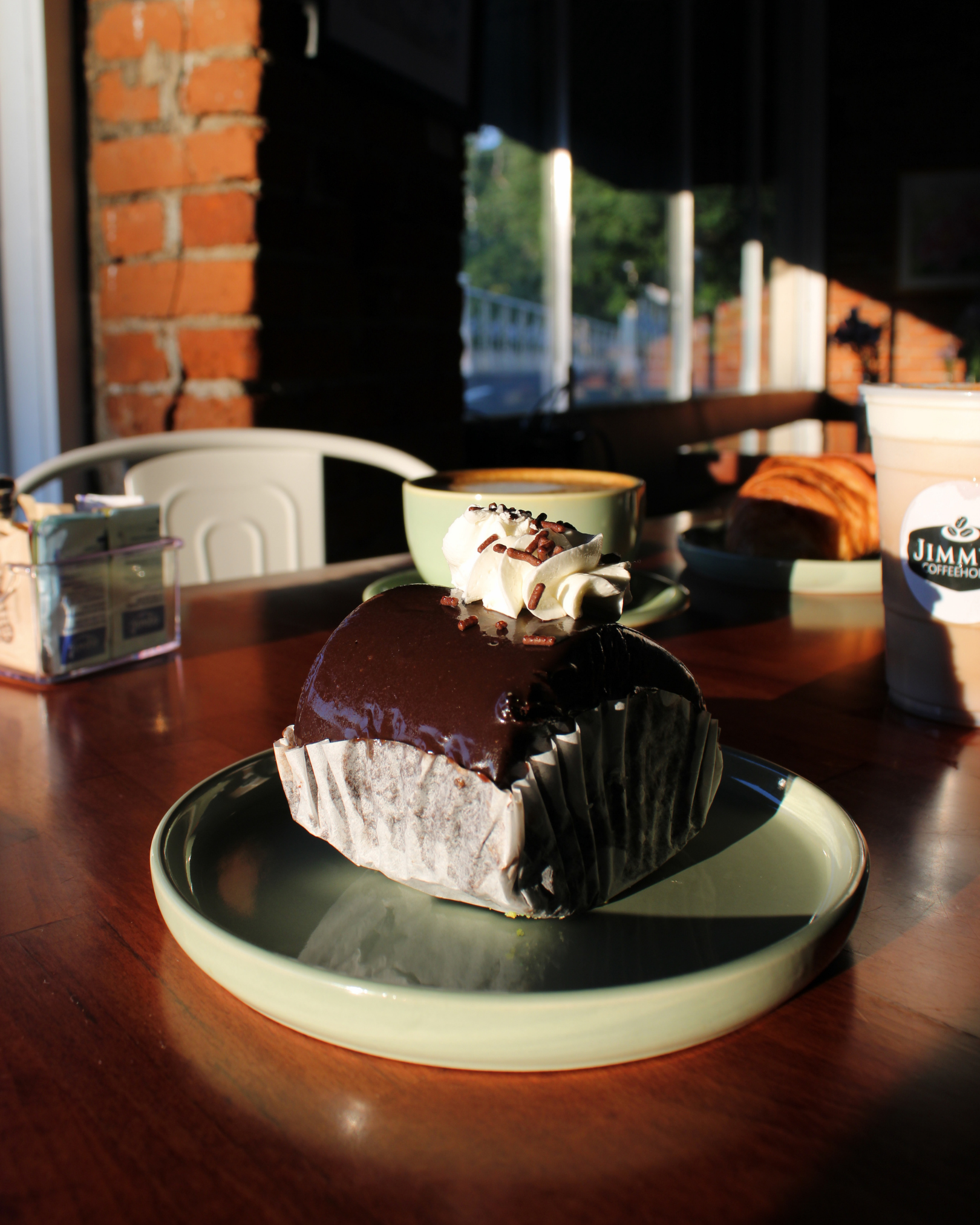 Chocolate Swiss Roll topped with whipped cream at Jimmy’s Coffeehouse in downtown Clinton, NJ.