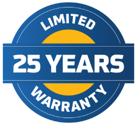 A circular badge with a blue background and yellow accents, displaying the text 'Limited WARRANTY' at the top and bottom, and '25 Years' in the center.