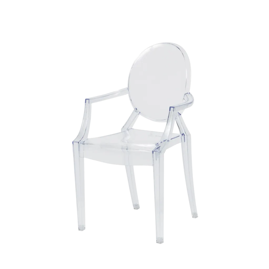 Clear acrylic chair with a round back, armrests, and four straight legs.