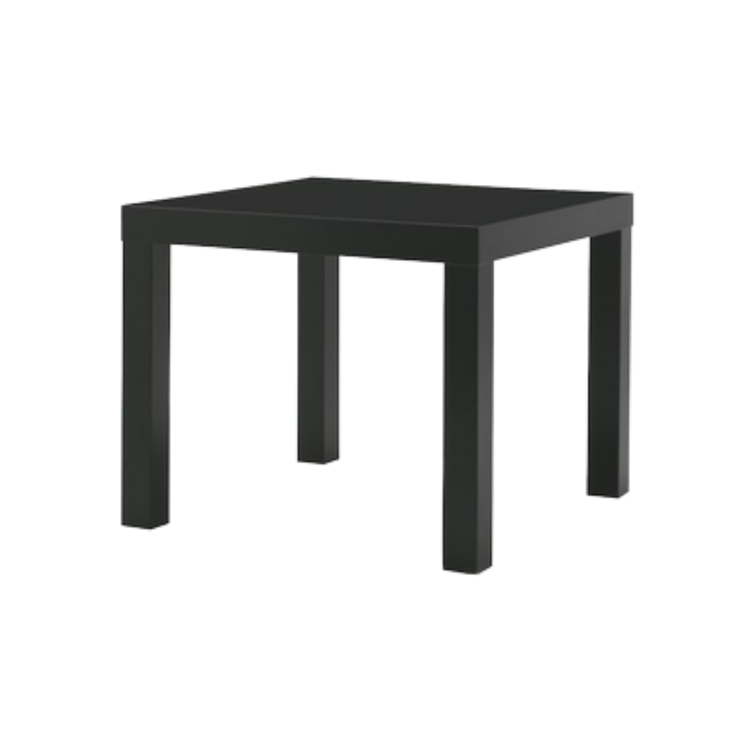 Black square table with four legs, isolated on a transparent background.