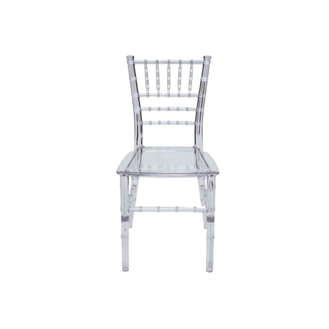A transparent, acrylic or plastic chair with a decorative backrest design.