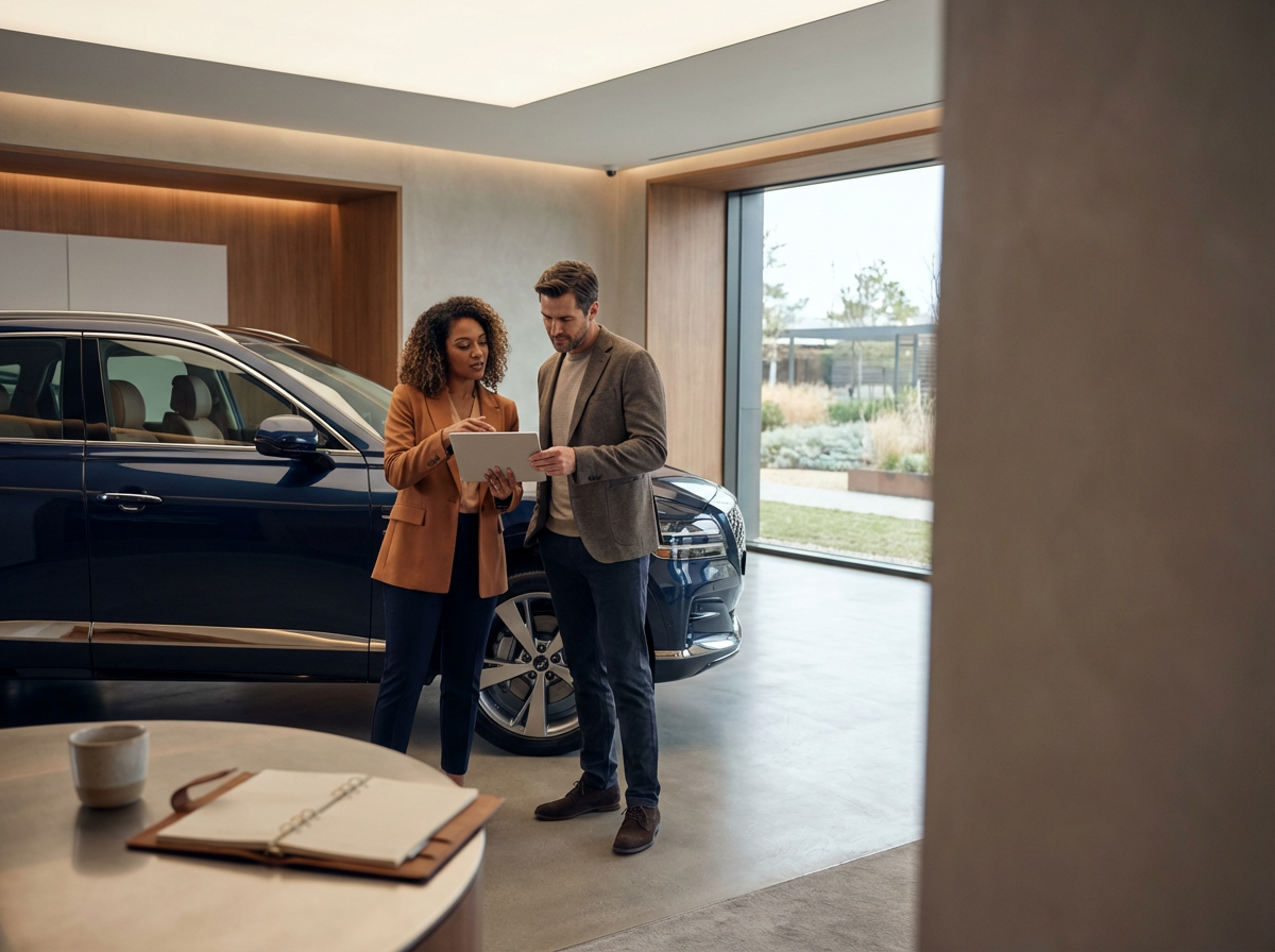 A man and woman look at a folder inside a car dealership, with a new black car behind them and large window showing outdoor landscape.