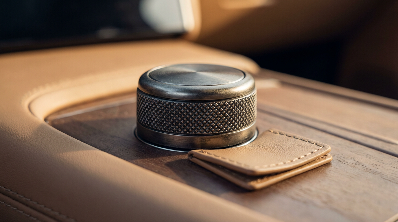 Close-up of a metallic control knob on a car dashboard with a small leather wallet nearby.