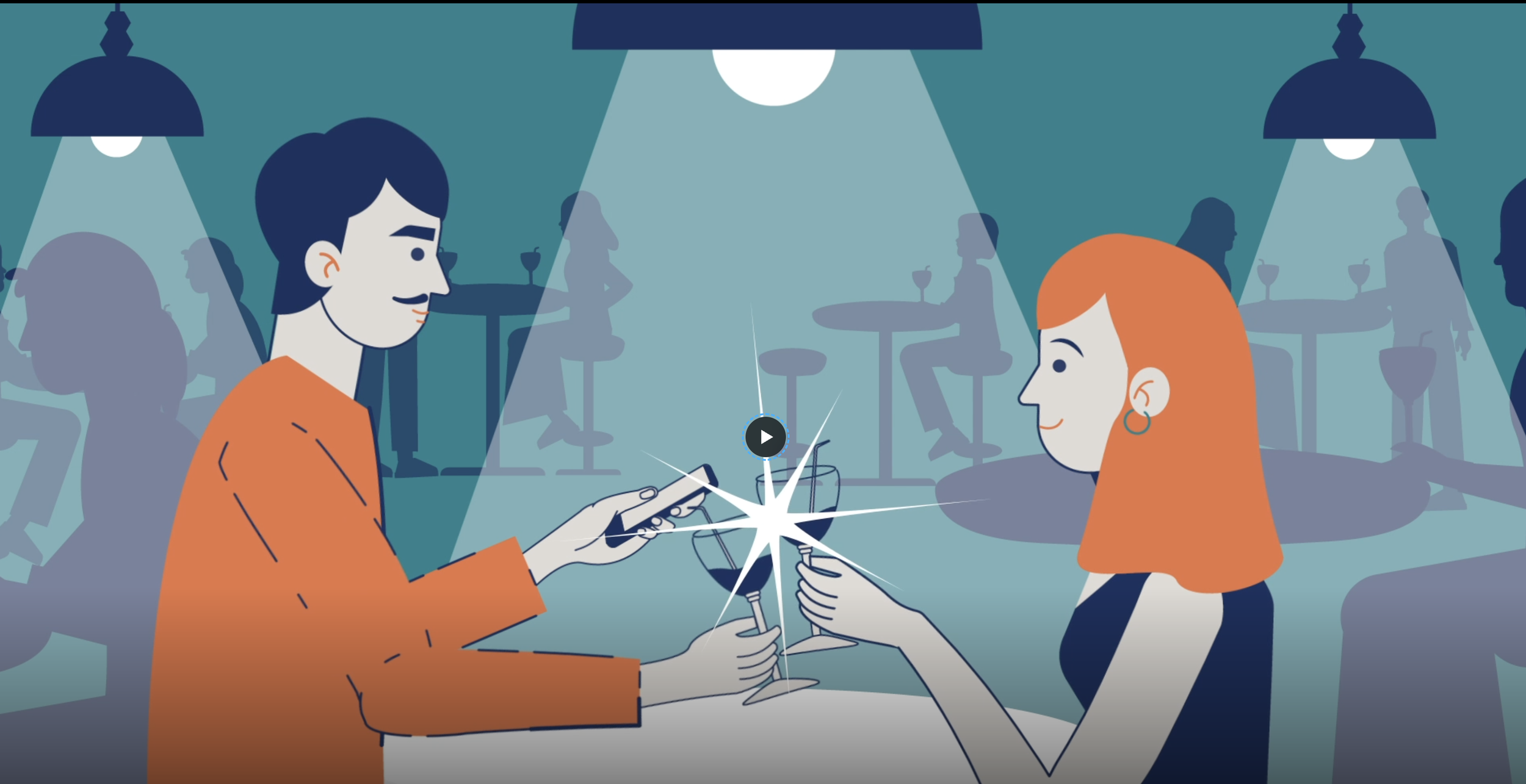 Animated couple clinking wine glasses at a dimly lit restaurant table