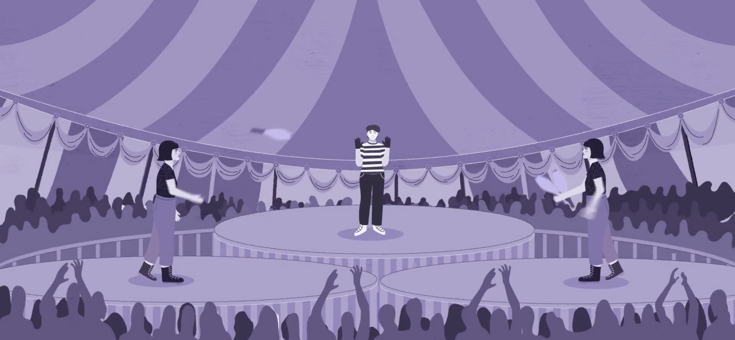 Three performers on a circus stage under a striped tent, entertaining a cheering crowd