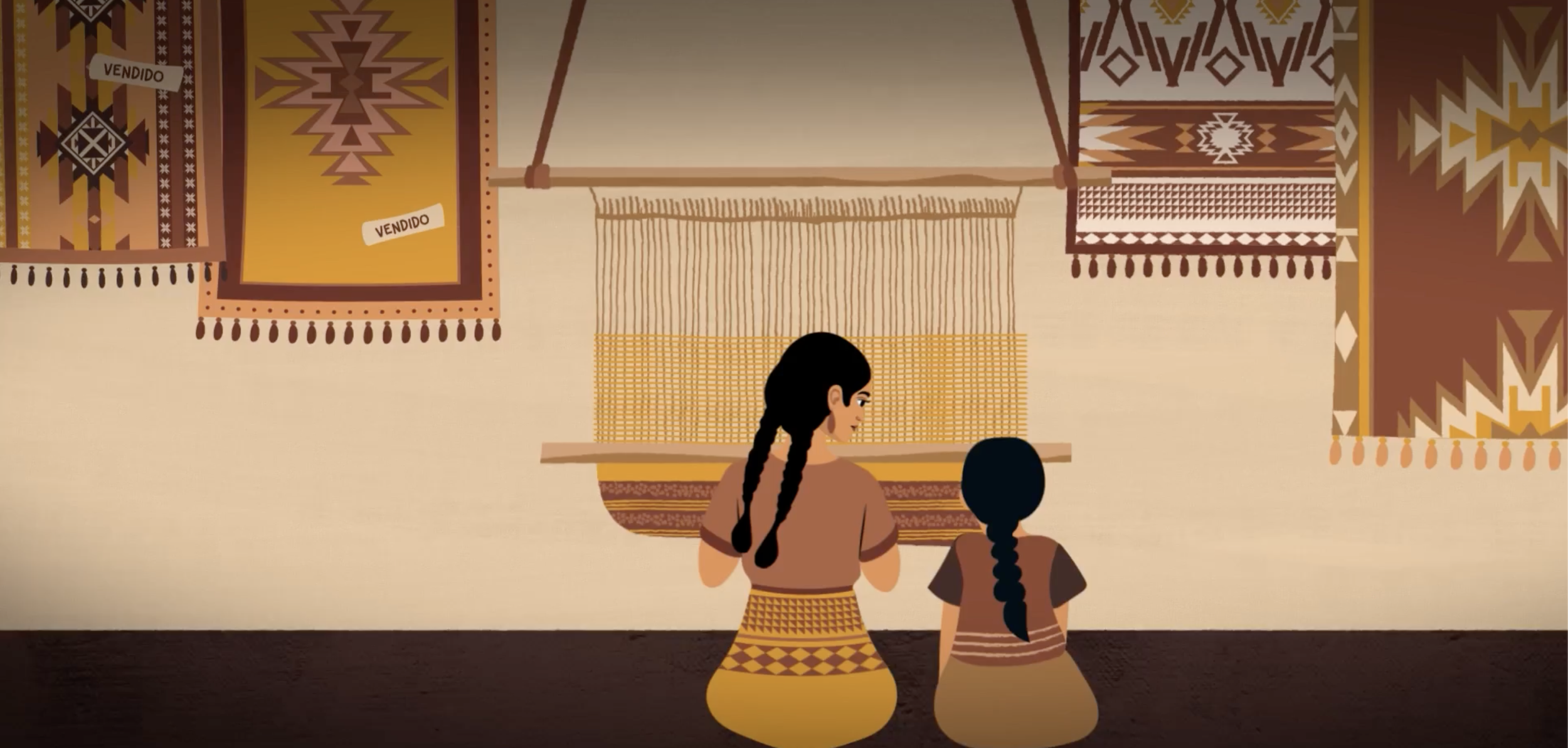 Illustration of two girls viewing colorful geometric woven textiles at a traditional craft market