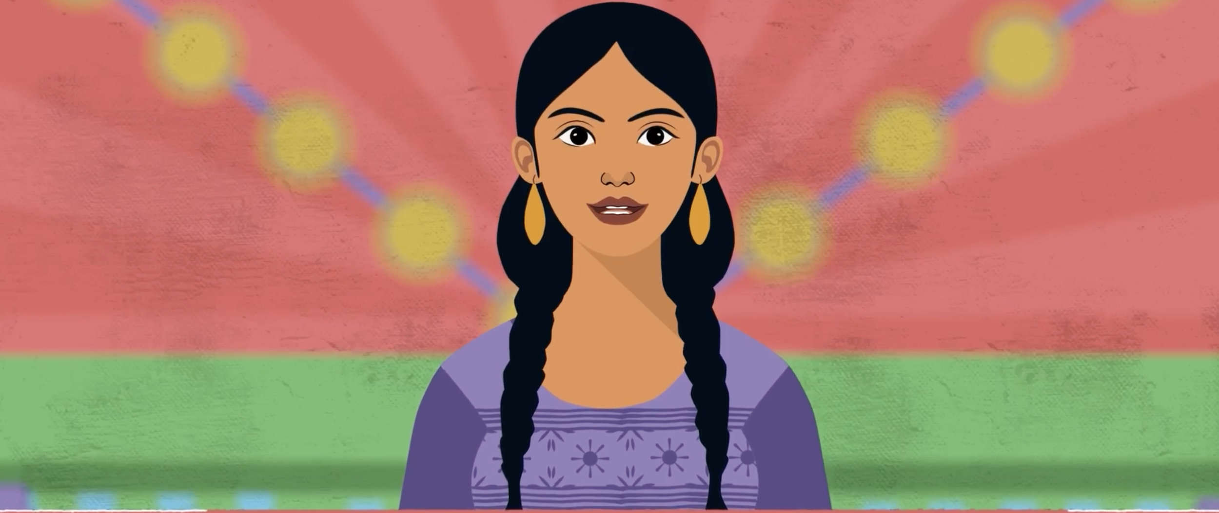 Illustrated woman with braided black hair and gold earrings against a colorful pink and green background