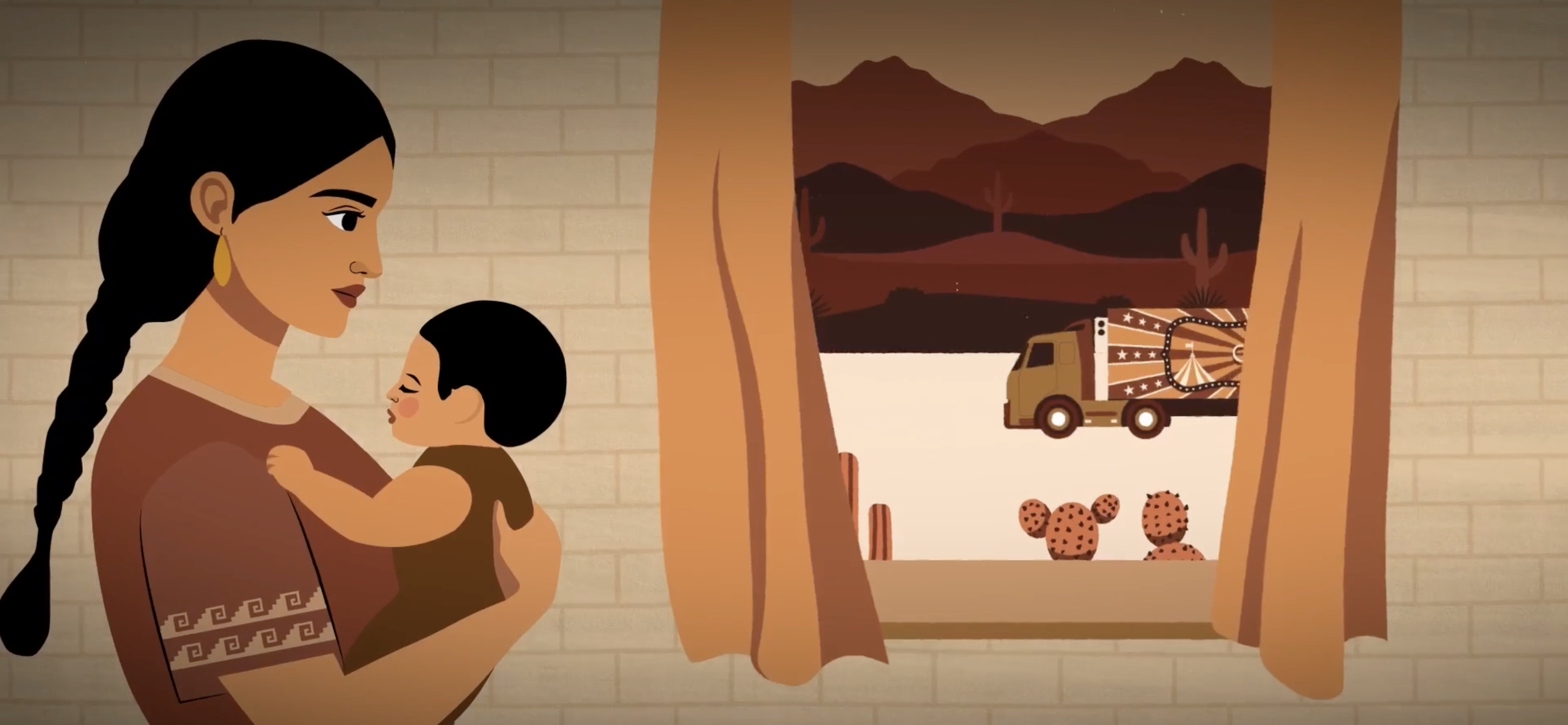 Illustration of a mother holding a child beside a window overlooking desert mountains, cacti, and a decorated truck.