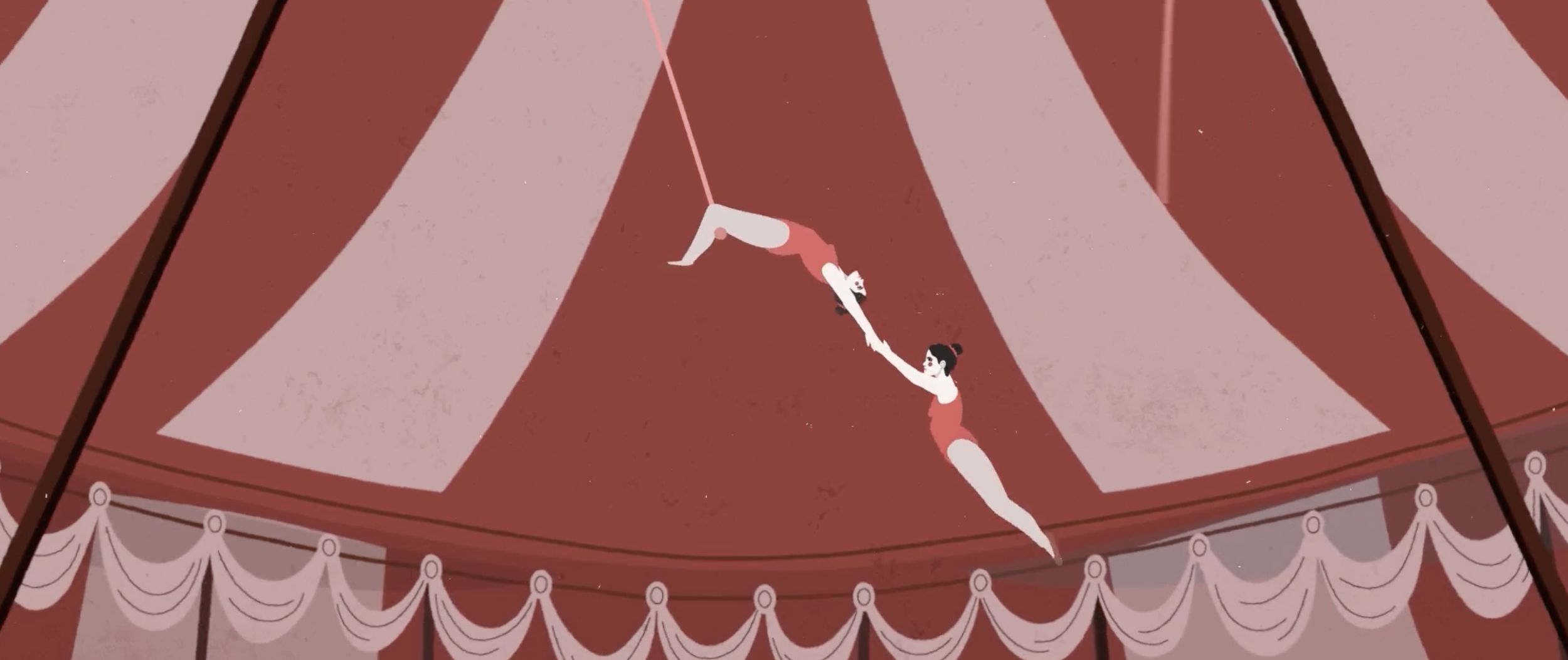 Illustration of two acrobats performing an aerial circus act beneath a red-and-pink striped tent.