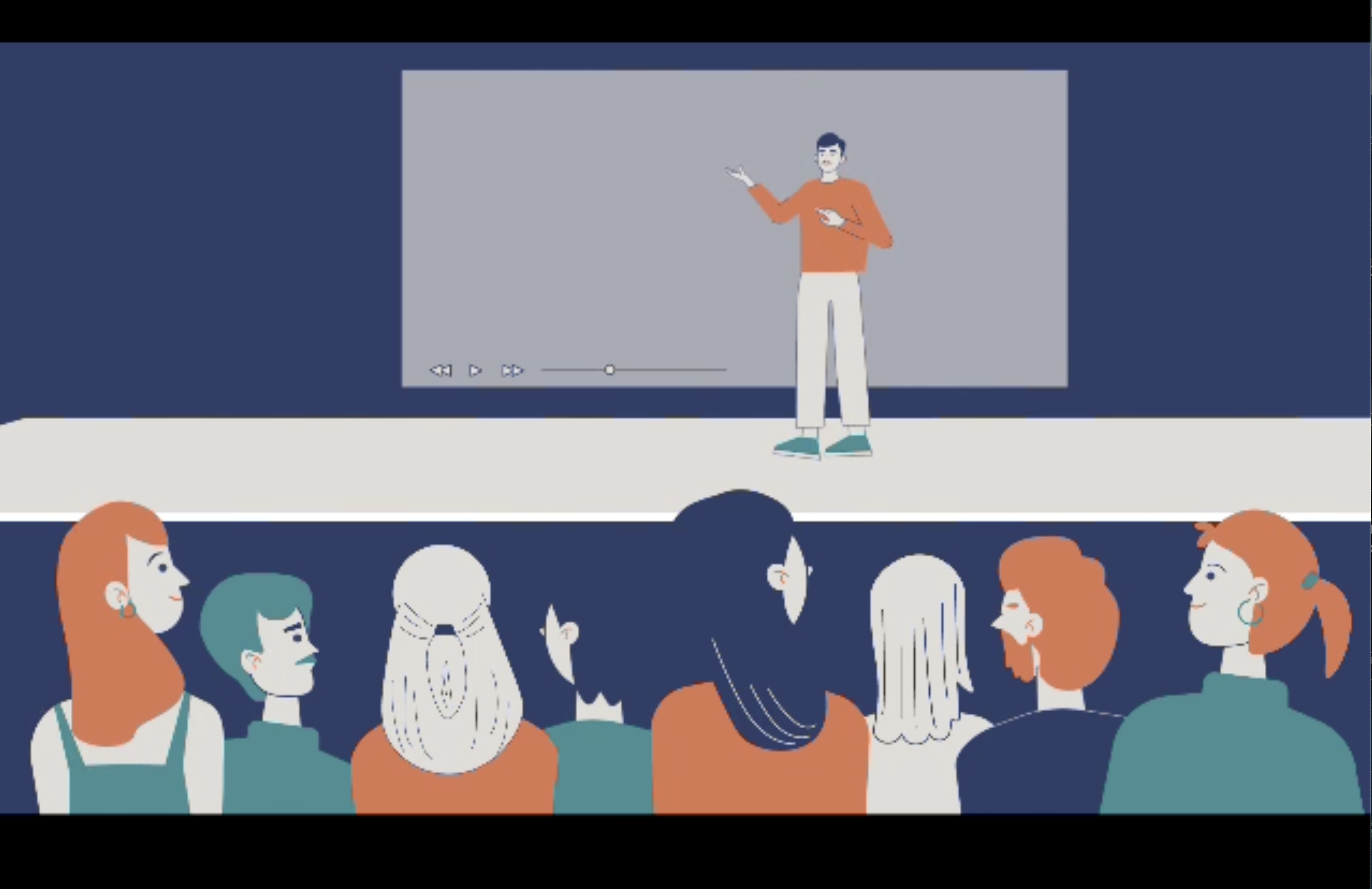 Illustration of a presenter speaking in front of a video screen to an audience