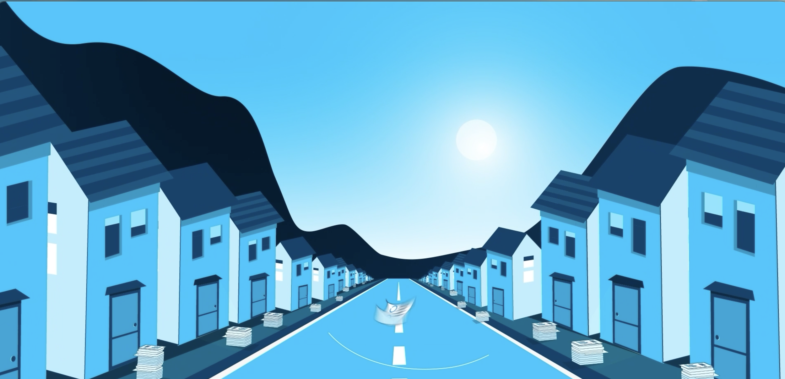 Stylized blue city street lined with houses, mountains, and a bright sun