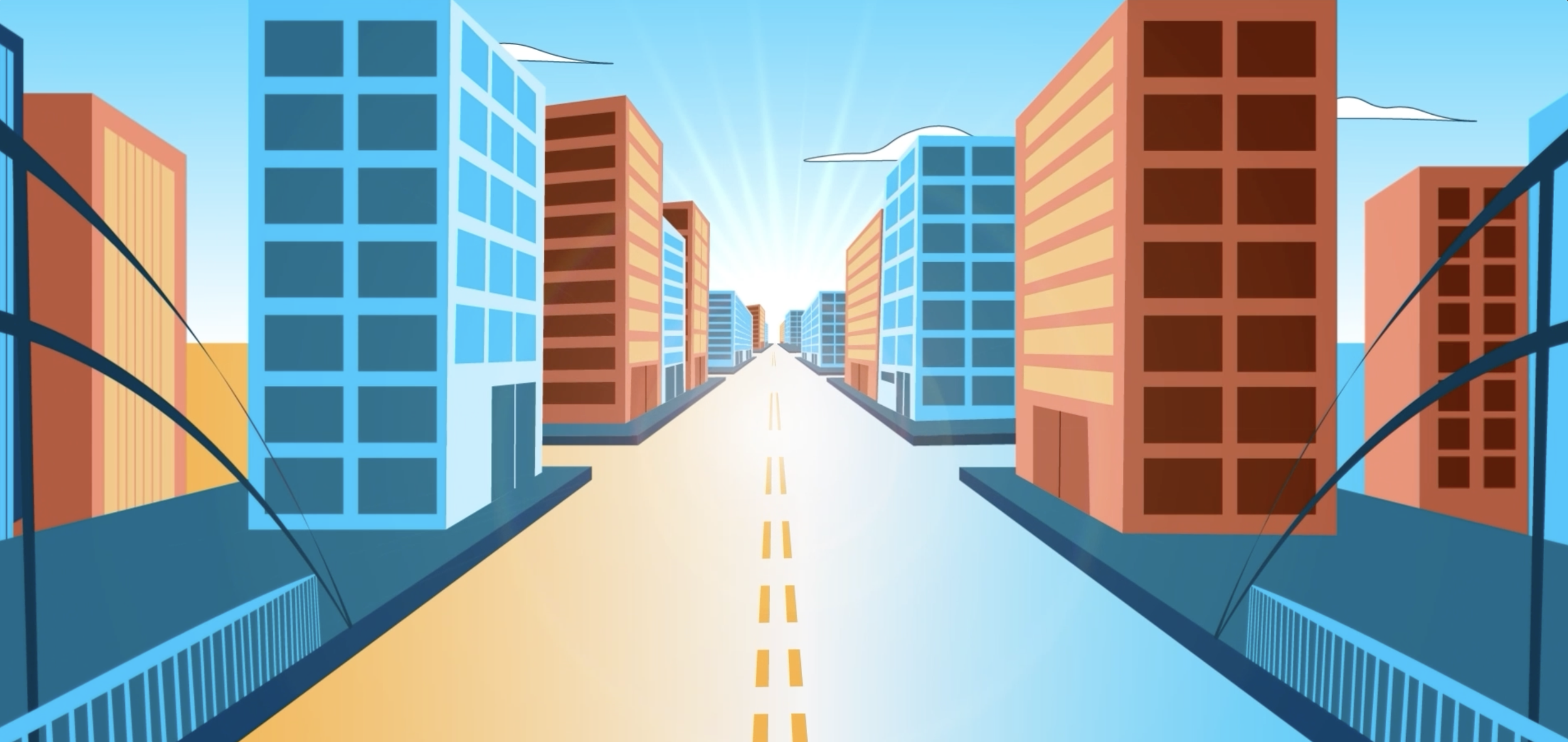 Stylized city street with colorful high-rise buildings, bridge railings, blue sky, and a road leading toward the horizon