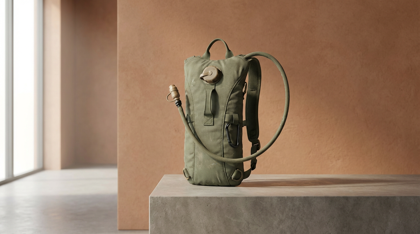 A green hydration backpack with a hose and a nozzle, placed on a concrete surface in a minimalist indoor setting.