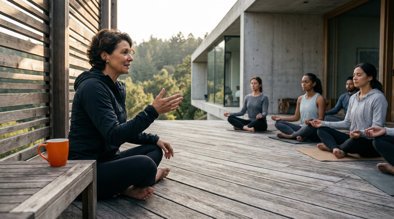 A woman leading a yoga or meditation session on an outdoor wooden deck with four women sitting cross-legged and meditating.