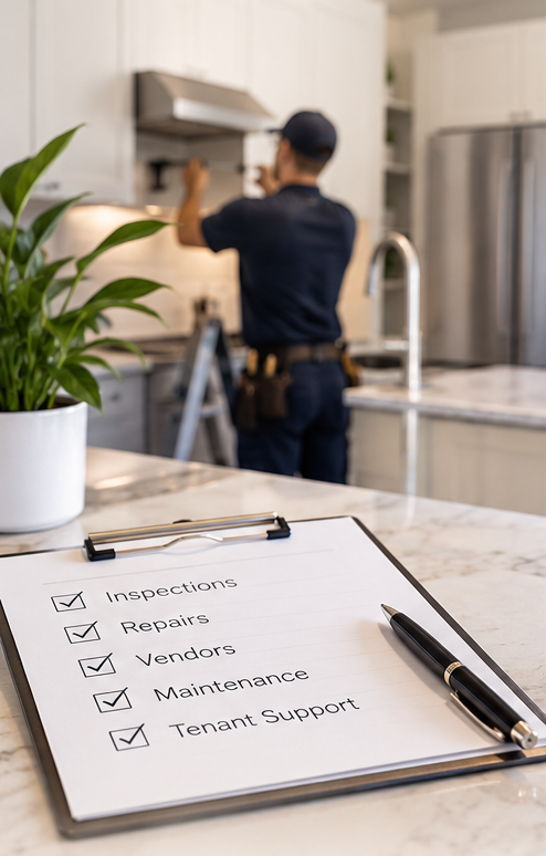 A clipboard with a checklist titled 'Inspections, Repairs, Vendors, Maintenance, Tenant Support,' with all items checked off, placed on a kitchen countertop next to a pen and a potted plant. In the background, a worker in a dark uniform and cap is cleaning or fixing something in the kitchen.