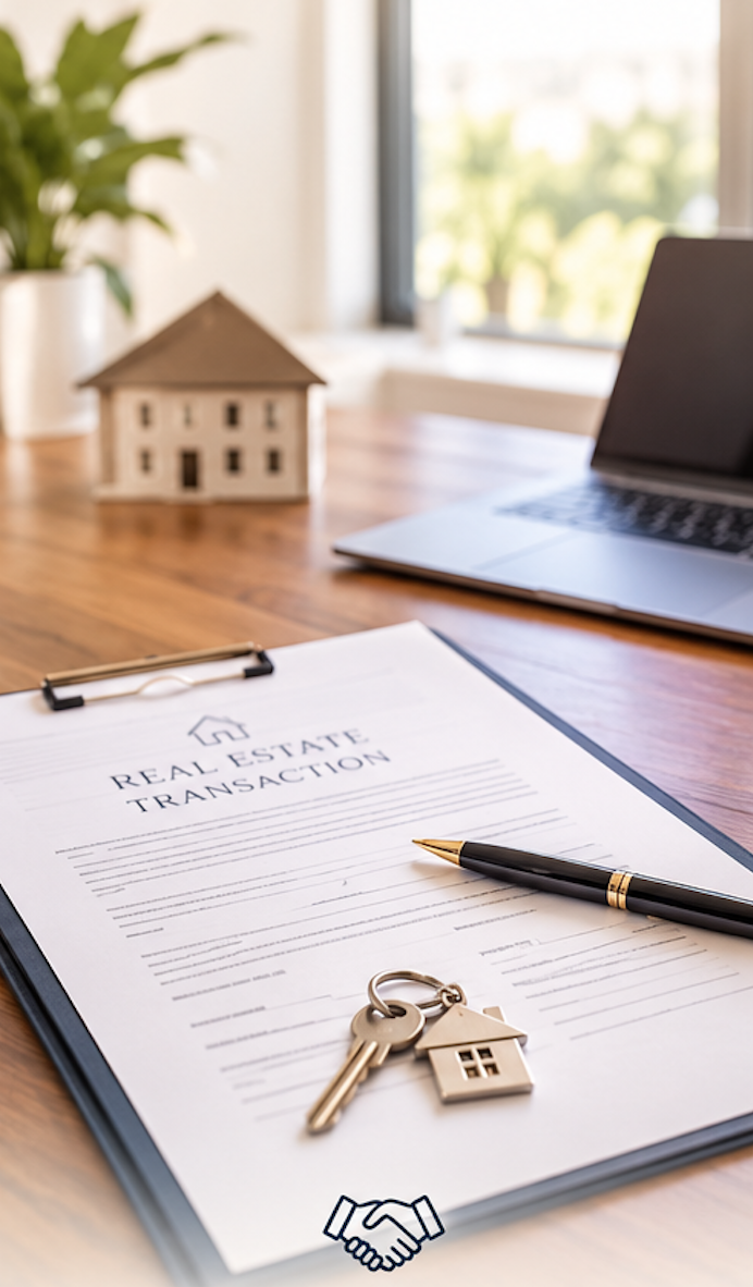 Real estate transaction documents on a clipboard with keys and a tiny house keychain, a pen, a laptop, and a decorative house model on a wooden desk near a window with greenery outside.