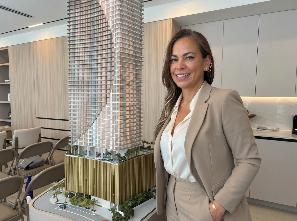 A woman in a beige suit standing next to a detailed architectural model of a high-rise building in an office or conference room.