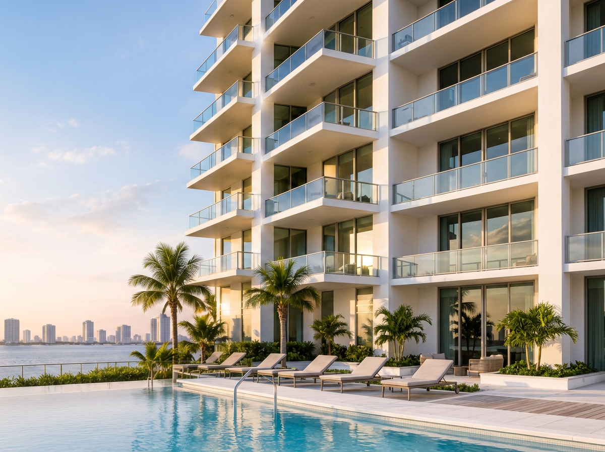 Exterior view of a modern high-rise apartment building with glass balconies, palm trees, poolside lounge chairs, and a city skyline in the background during sunset.