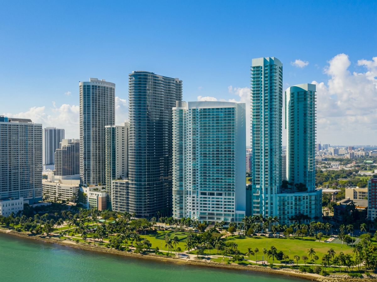 A cityscape with tall modern skyscrapers along a waterfront, with a green park and palm trees in the foreground, under a blue sky with some scattered clouds.