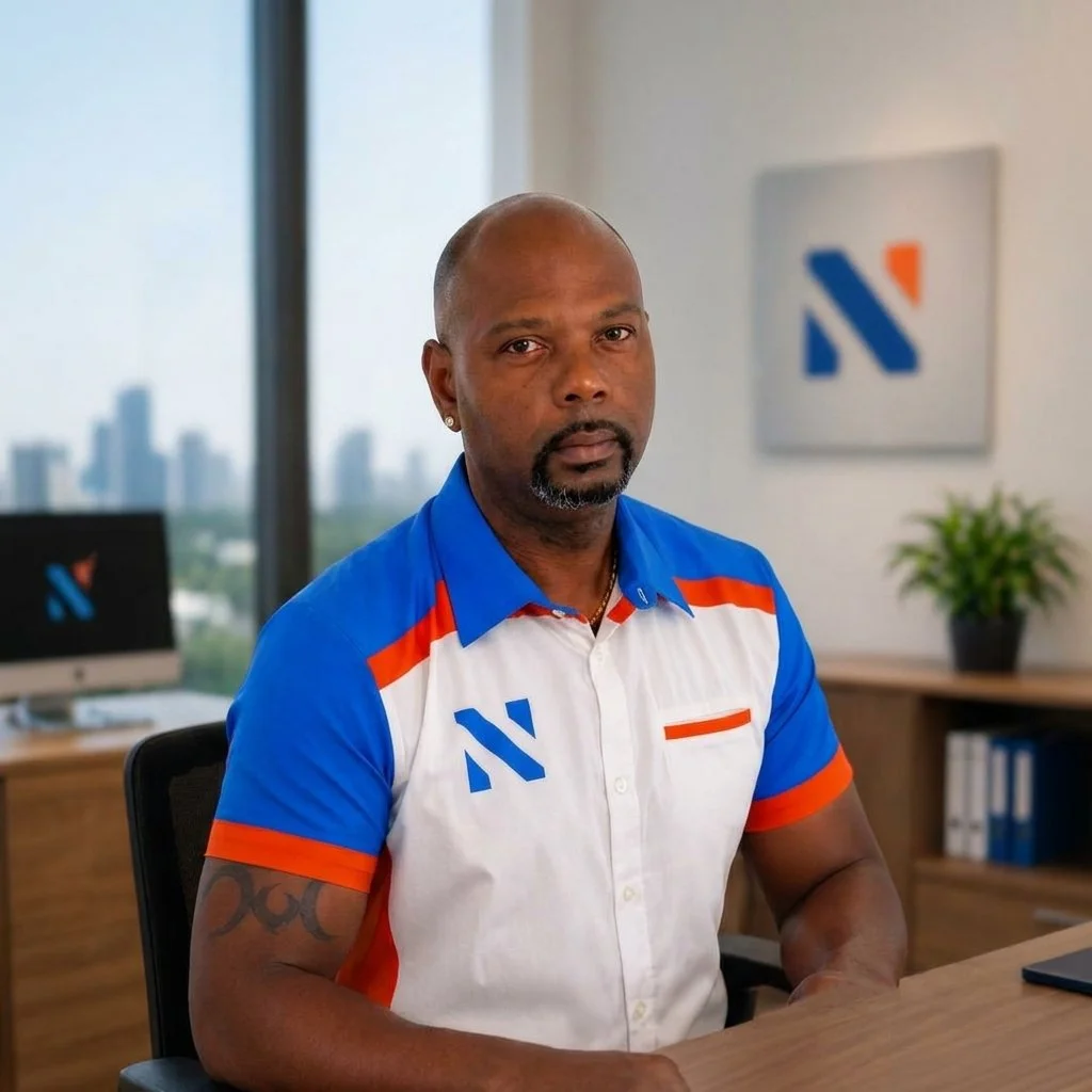 A man sitting at a desk in an office, wearing a colorful polo shirt with blue, white, and orange. Behind him, there is a computer monitor and a wall with a logo.