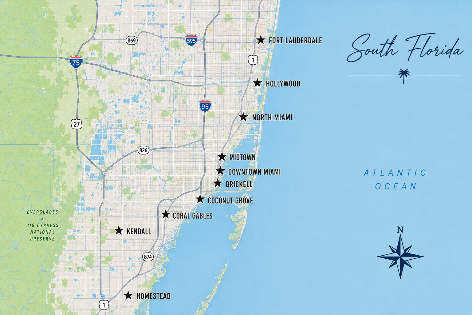 Map of South Florida with key neighborhoods and landmarks marked with black stars, including Fort Lauderdale, Hollywood, North Miami, Midtown, Downtown Miami, Brickell, Coconut Grove, Coral Gables, Kendall, and Homestead, along with green areas representing parks and preserves, and the Atlantic Ocean on the east coast.